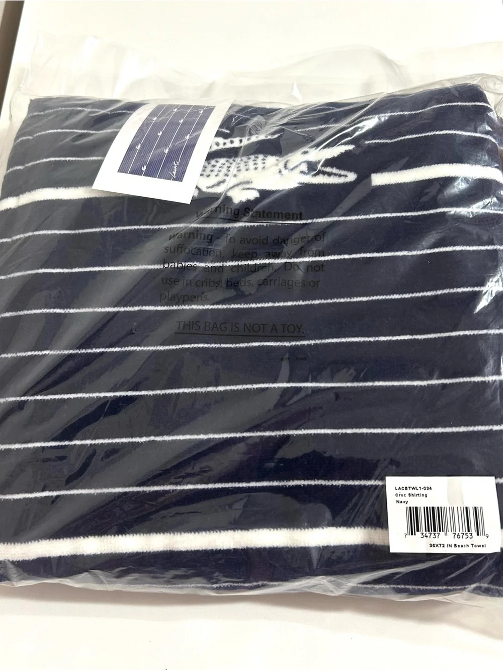NWT Lacoste Crocodile Print Cotton Beach Towel, 36” x 72”